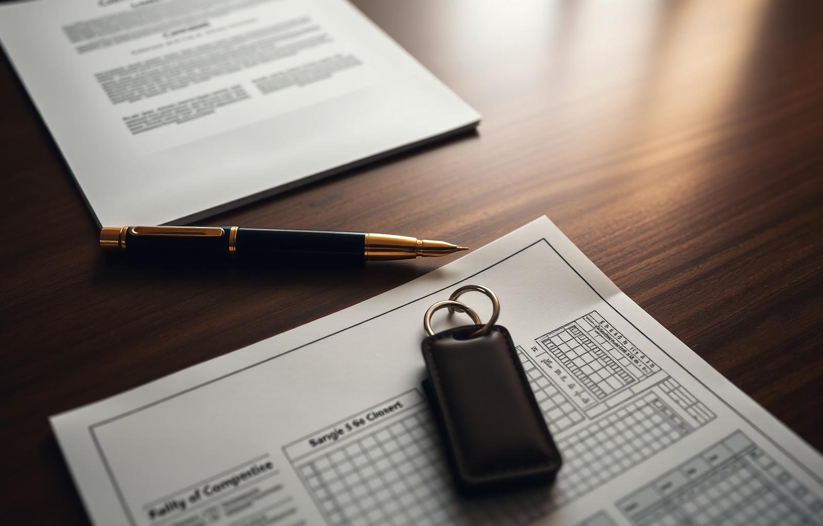 Commercial real estate closing documents, pen, and keys prepared for a private property sale without a broker.
